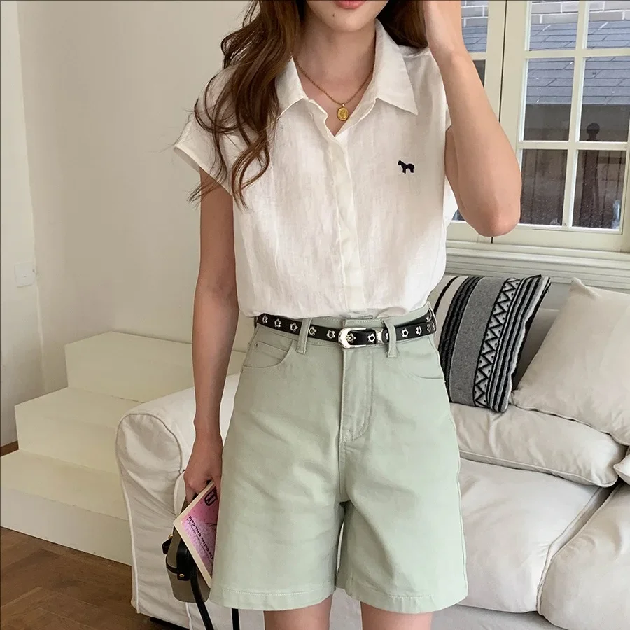 

Summer New Casual Linen Embroidered Short Sleeve Shirt for Women Comfortable Breathable Fashion Top