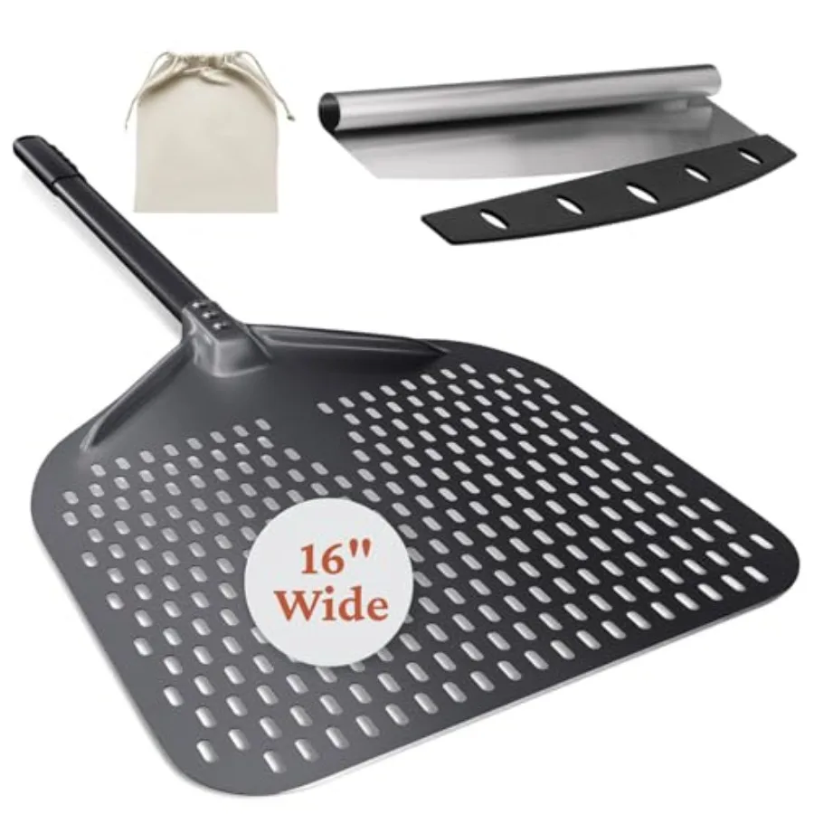 Pala para pizza perforada de aluminio de 16 pulgadas con mango largo, aproximadamente 16 pulgadas de ancho x 18 pulgadas de largo, con cortador de pizza tipo balancín de 14 pulgadas, color negro.