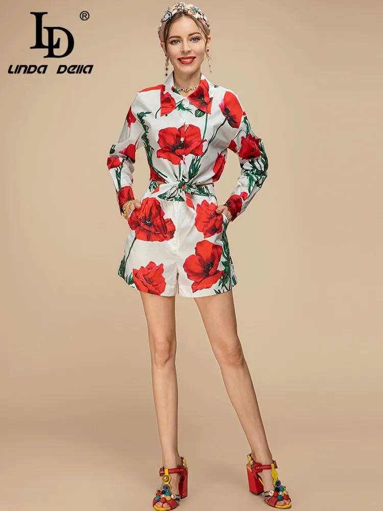 Imagem -06 - Linda Della 2023 Novo Designer de Moda Verão Algodão Shorts Feminino Turn-down Colarinho Camisas Florais e Shorts Impressos Ternos ld