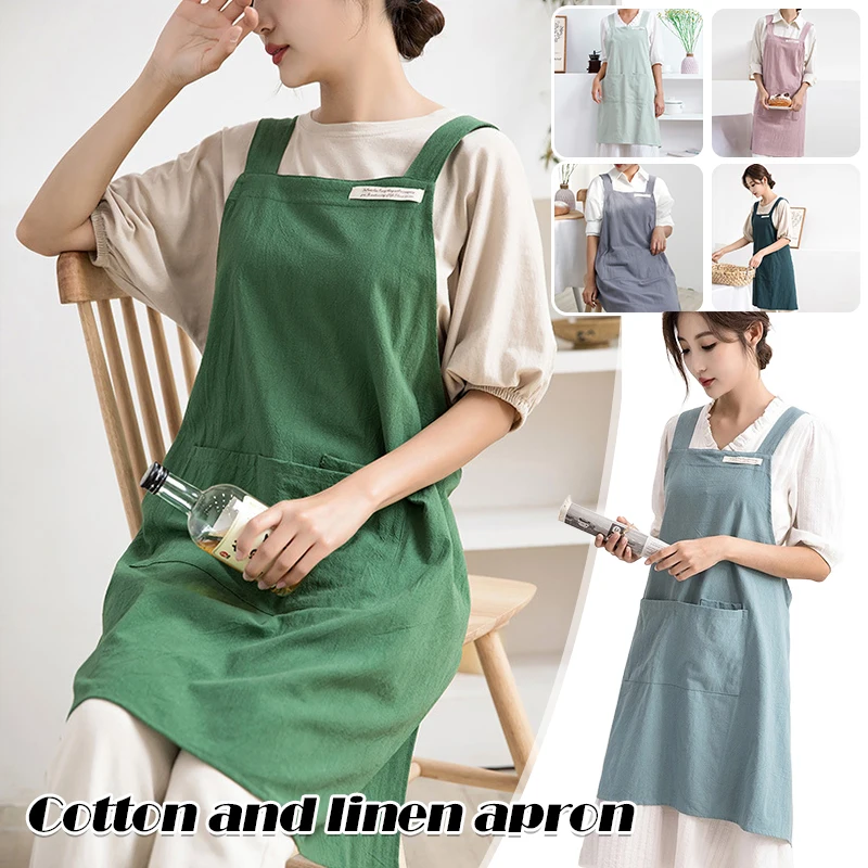 

Minimalist Style Dirt-Proof Cross Back Smock Cotton Linen Apron with Wide Shoulder Straps Washed Cotton Household Apron Kitchen