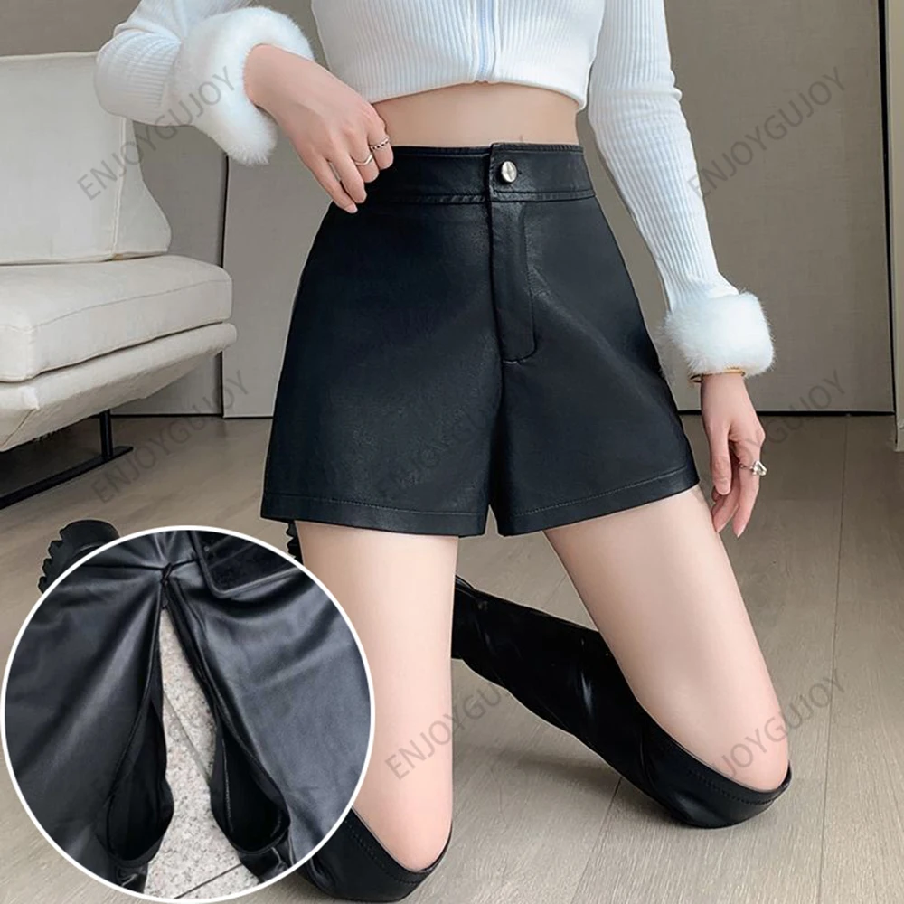 PU Leather Shorts for Outdoor Sex, Invisible Open Crotch, Oversized Black Wide Leg Pants, Ms High Waisted Casual Bottom Boots