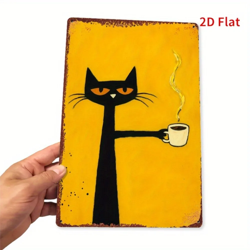 Panneau métallique vintage Barista Cat, chat noir avec tasse de café, art mural en fer 8x12 pouces pour café, bureau à domicile et décoration de jardin