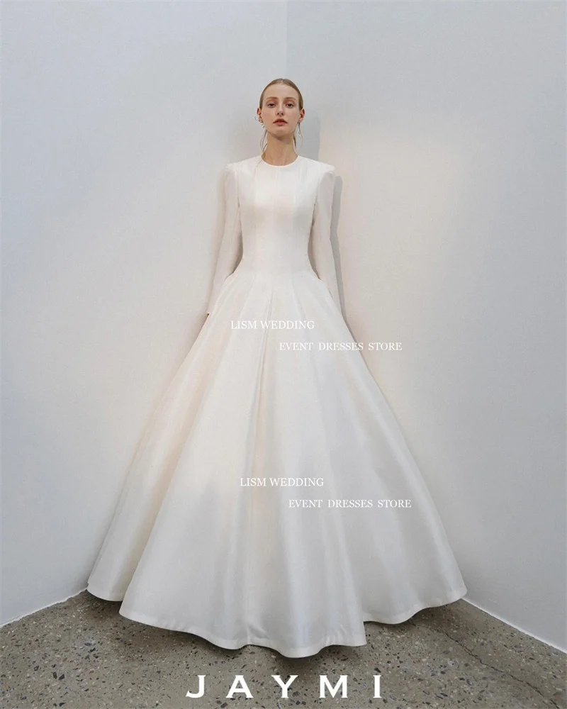 LISM Simple Satin Korea A-Line Wedding Dresses Photo Shoot Long Sleeves O-Neck Pleat Bridal Gowns Vestidos De Novia Custom Made