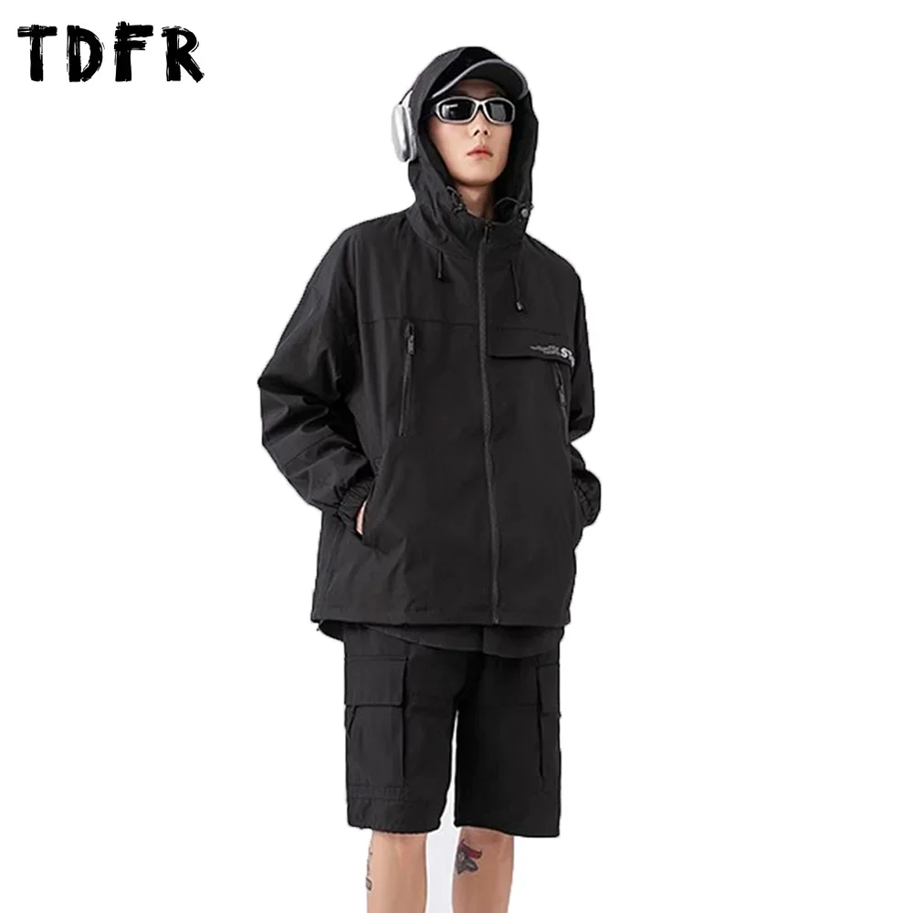 Letter Print Hooded Sweatshirts Mens Zipper Fly Pocket Safari Style Spring Long Sleeve Loose Drawstring Hem Jacket Men