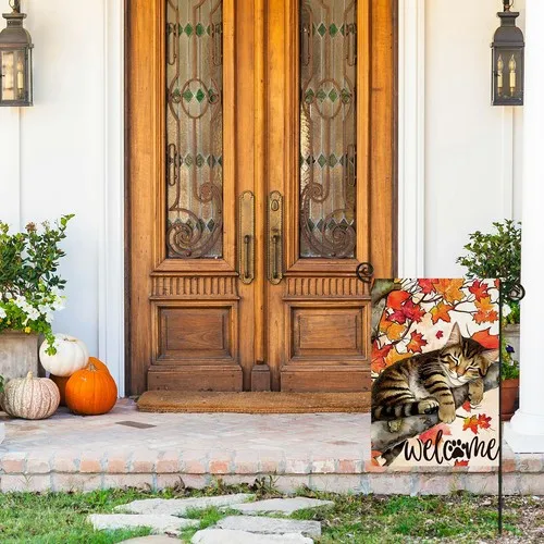 Welcome Fall Garden Flags 12X18 Inch Double Sided, Cat with Maple Leaves Small S YYN UUV EEU SSL hhz