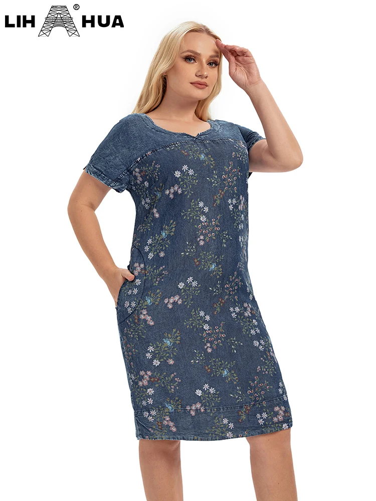 Imagem -02 - Lih Hua Feminino Tamanho Grande Denim Vestido Outono Chique Vestidos Elegantes para Gorducho Feminino Algodão Tecido Vestido