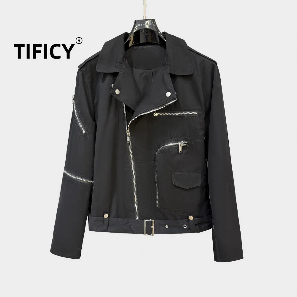 

High Street Dark Ro Style Jackets Men's Autumn/Winter Trendy Brand Punk Slant Zipper Personalized Slim Black Coat Jacket