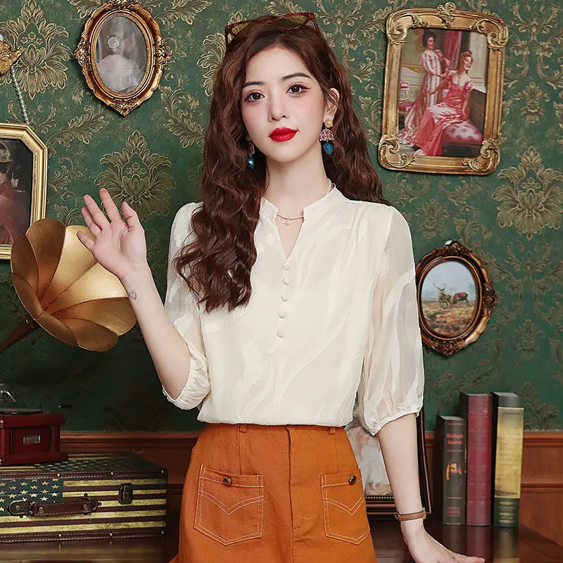Elegant V-Neck Button Spliced Gauze Blouses Women's Clothing 2024 Summer New Loose Solid Color Chic Tops Office Lady Shirts