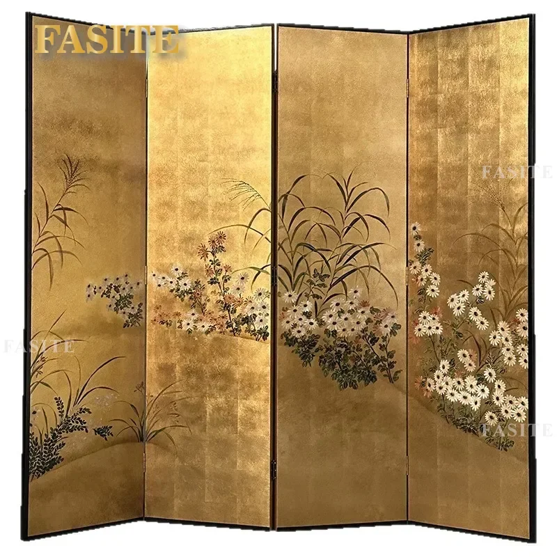For Gold Foil Retro Folding Screen Partition Lacquer Engraving Hollow Design Mobile Room Divider for Living Room Office