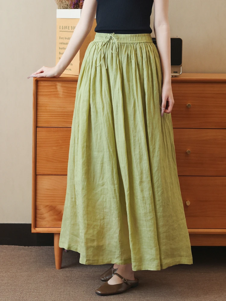 

Jute f-length Skirt Elastic Waist Midi A-line Skirt Double-layer Holiday Sle Big Swing Skirt Women's Retro Pure Color