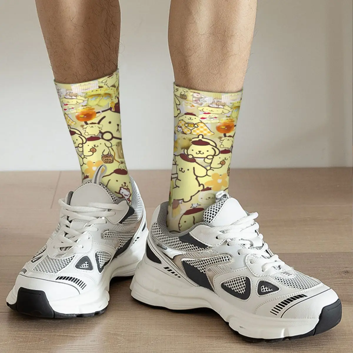 Calcetines antideslizantes de dibujos animados para hombre y mujer, medias cálidas y divertidas con diseño de pompones, Collage de Purin, baloncesto, Invierno