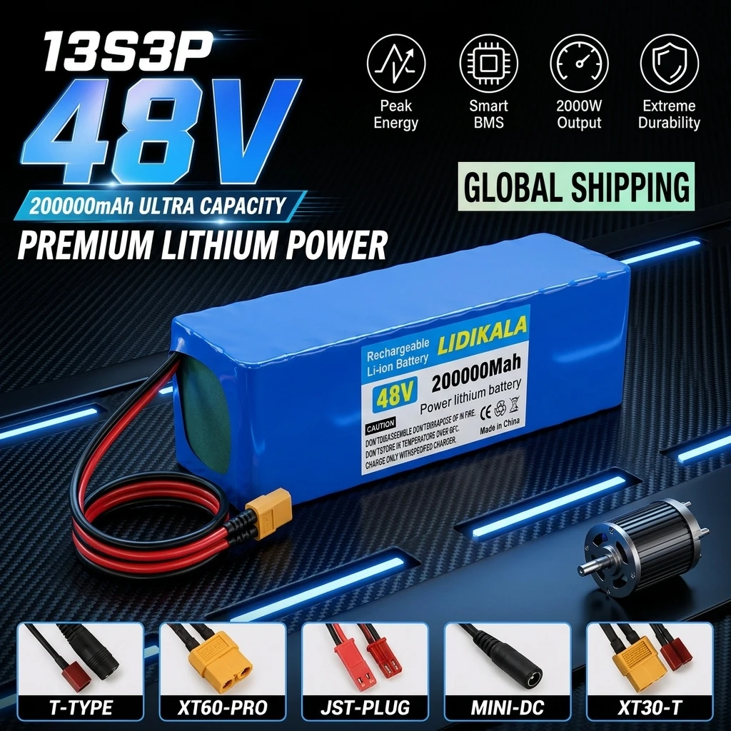 48V E-Scooter-Akku 200Ah Kapazität 13S3P 18650 Lithium-Ionen-Akkupack 500W 1000W Motor BMS-System mit 2A-Ladegerät
