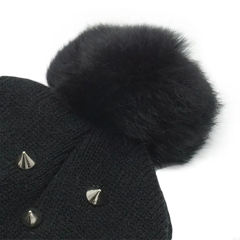 Punk Knitted Beanie Hat Black Acrylic Hat Rock Hiphop Winter Soft Warm Pom Bobble Knit Acrylic Cap for Women 964A