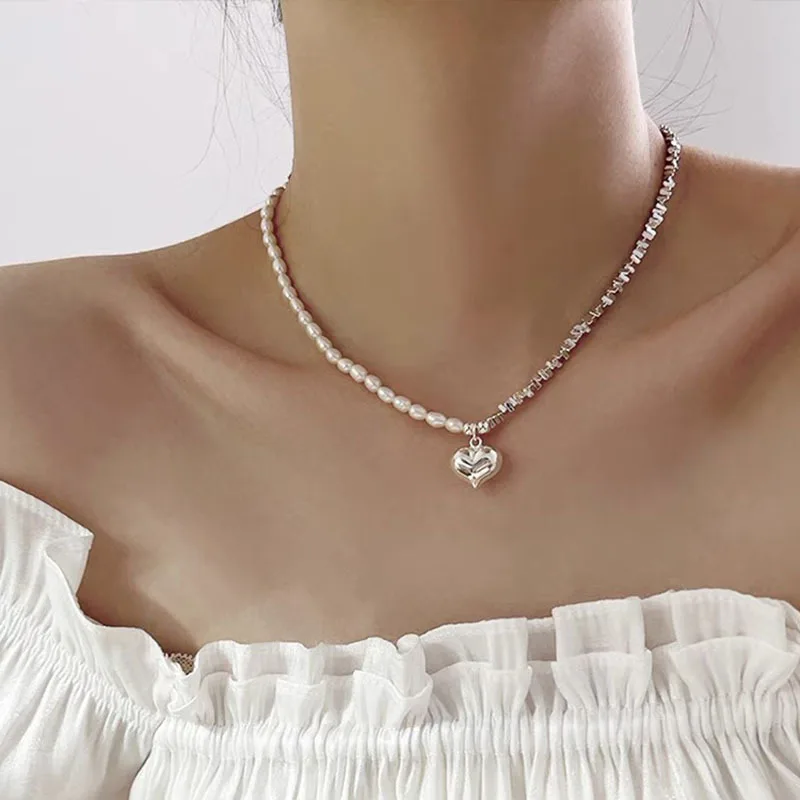 

925 Sterling Silver Trendy Heart Pearl Chain Choker Necklace for Women Girl Exquisite Jewelry Wedding Party Daily Accessories