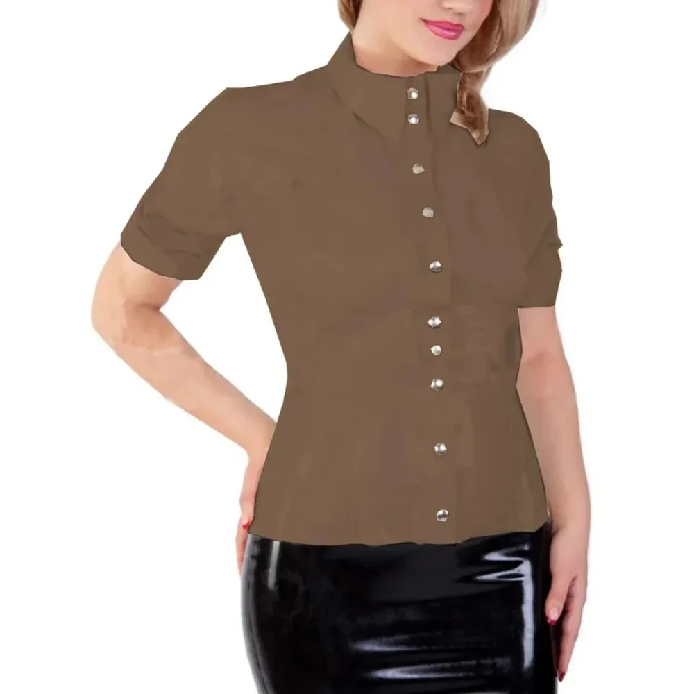 Chemises de club à boutonnage simple en cuir PVC brillant à manches courtes pour femmes, chemisiers de grande taille, chemises élégantes pour femmes, vêtements pour femmes