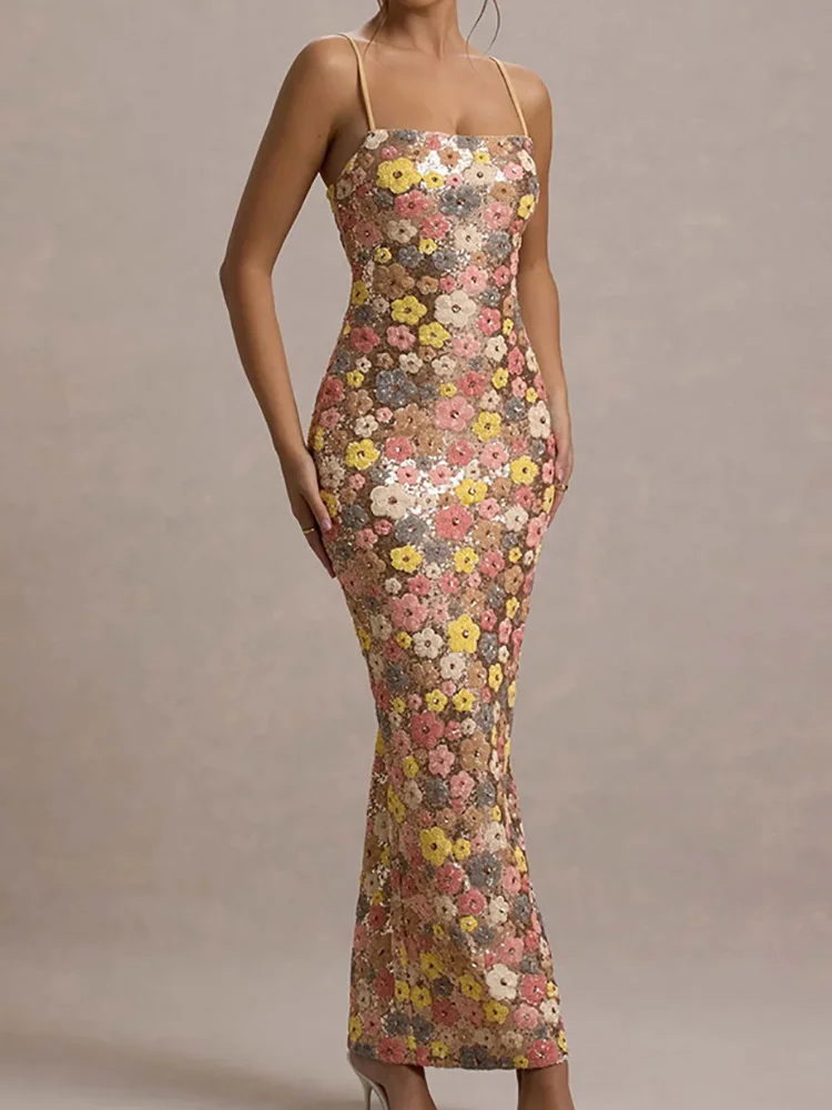 Robe de soirée Slim en Patchwork de fleurs et de paillettes pour femmes, robe Maxi d'été sans bretelles à la mode, robe Sexy sans manches pour dames, 2025