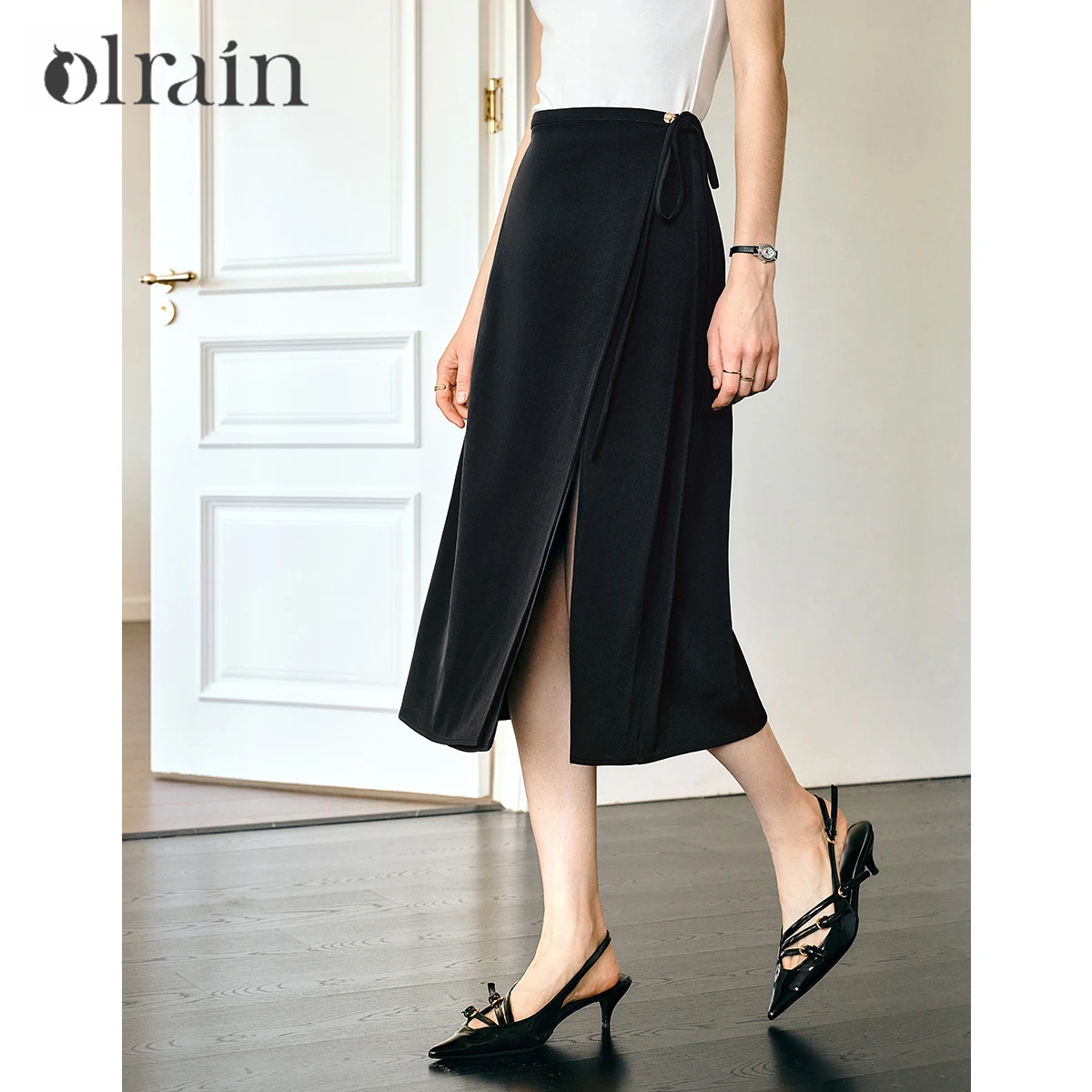 

OLrain, черные юбки с разрезом, женские весенне-летние офисные женские юбки на шнуровке, элегантная простая юбка-миди с разрезом, женская одежда O57XB96399