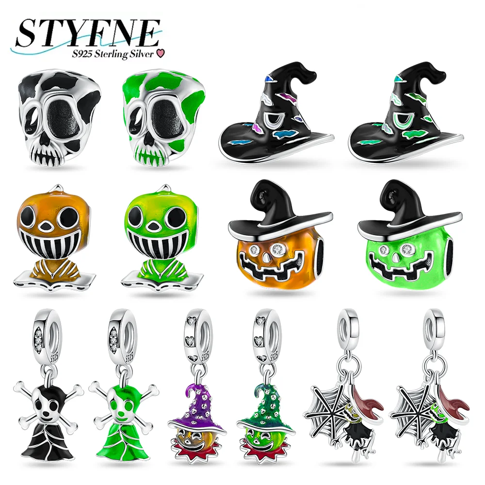 Halloween Charms 925 Silver Luminous Beaded Magic Hat Pumpkin Skull Pendant Fit Holiday Diy Bracelet Jewelry Gifts for Friends