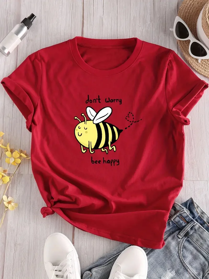 Cartoon Bee Print Crew Neck T-Shirt, Casual Short Sleeve T-Shirt For Spring & Summer, Women\'s Clothing