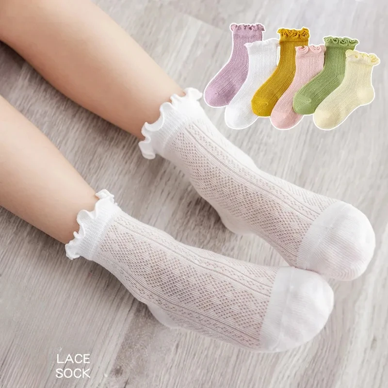 Spring and Summer Girls New Thin Breathable Comfortable Cotton Mesh Solid Color Lace Fashion Wooden Ear Edge Princess Socks