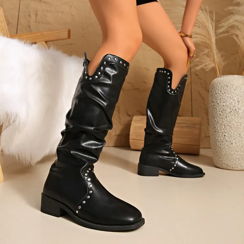 

2025 New Women Boots Knee High Heels Shoes Designer Winter Chelsea Knight's Boots Elegant Chunky Shoes Woman Botas Mujer Zapatos