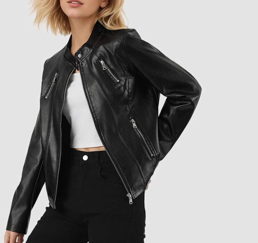 European Women's Fashion Spring-autumn Fitted Blazer with A Stand-up Collar, European Leather Coat for Women Leather Jacket