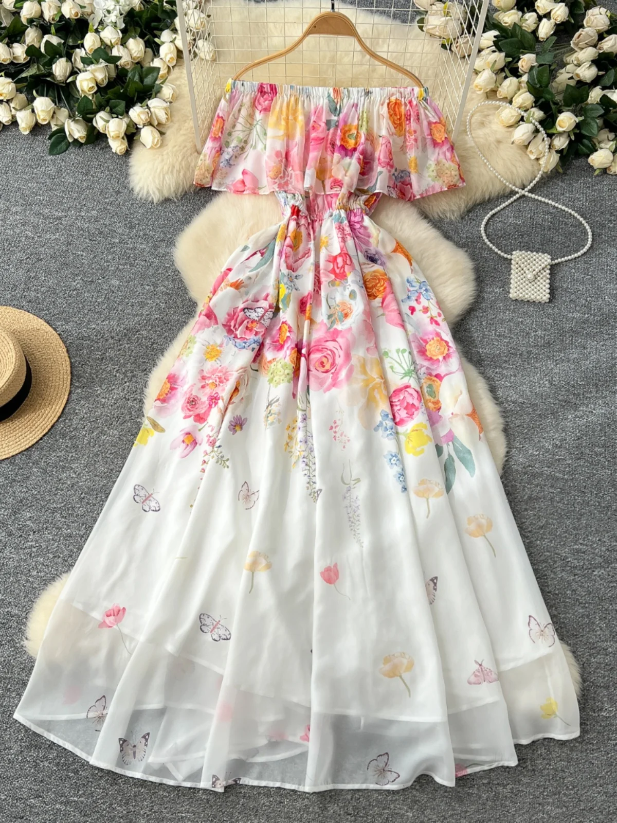 Vestido de Gasa con Estampado Floral y Cintura Ajustada con Dobladillo, Estilo Coreano, Falda Larga de Cintura Alta para Muje...