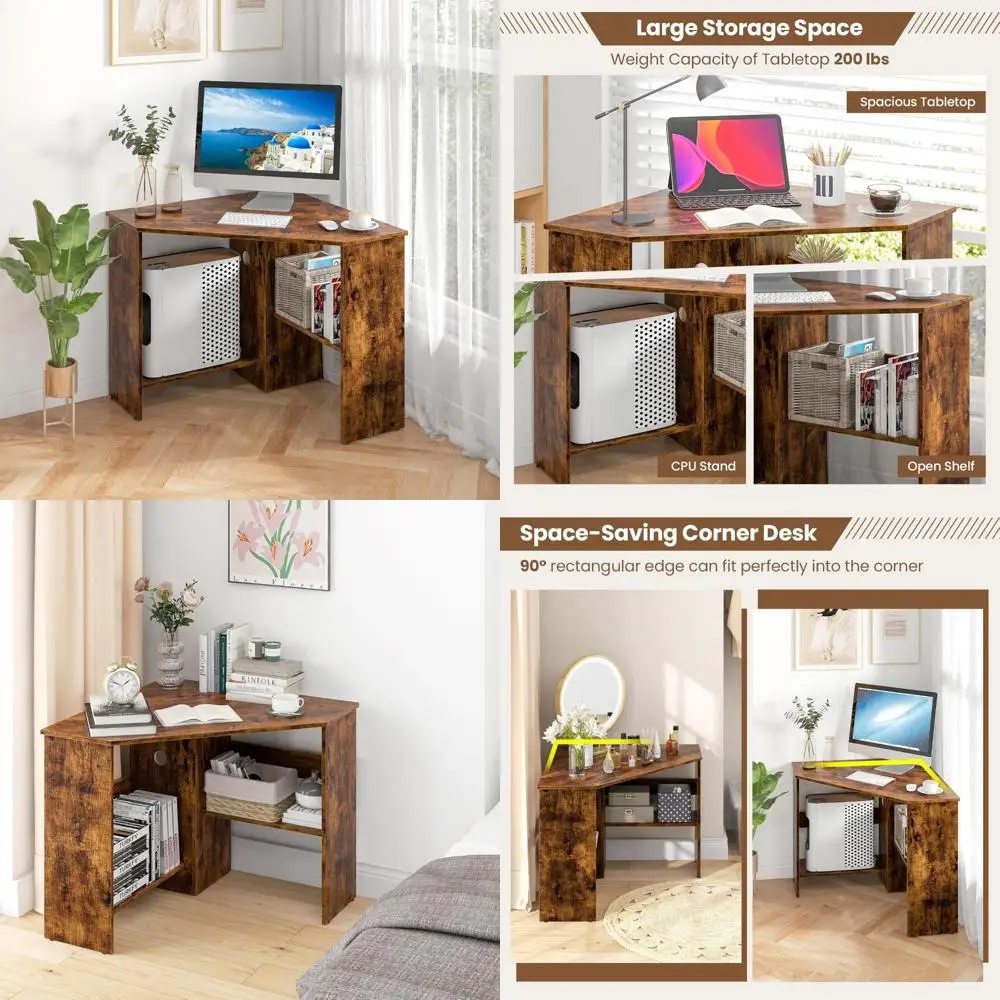 

Compact Corner Computer Desk with Triangle Shape, Shelves, CPU Stand, and Vanity Makeup Storage for Small Spaces