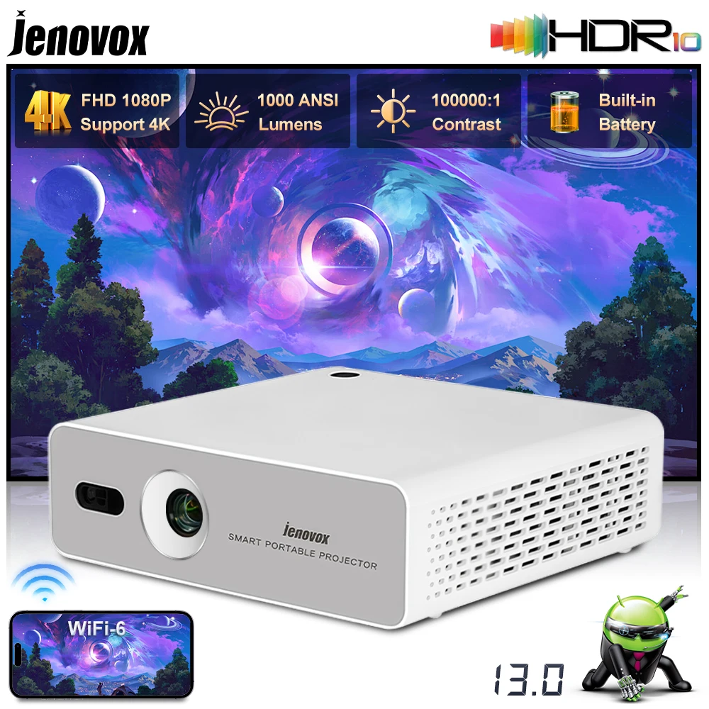 

Jenovox M5000 Mini DLP Portable Projector Android 13 Wifi Smart 4K Video Support HDR Home Theater with Battery for Camp Business