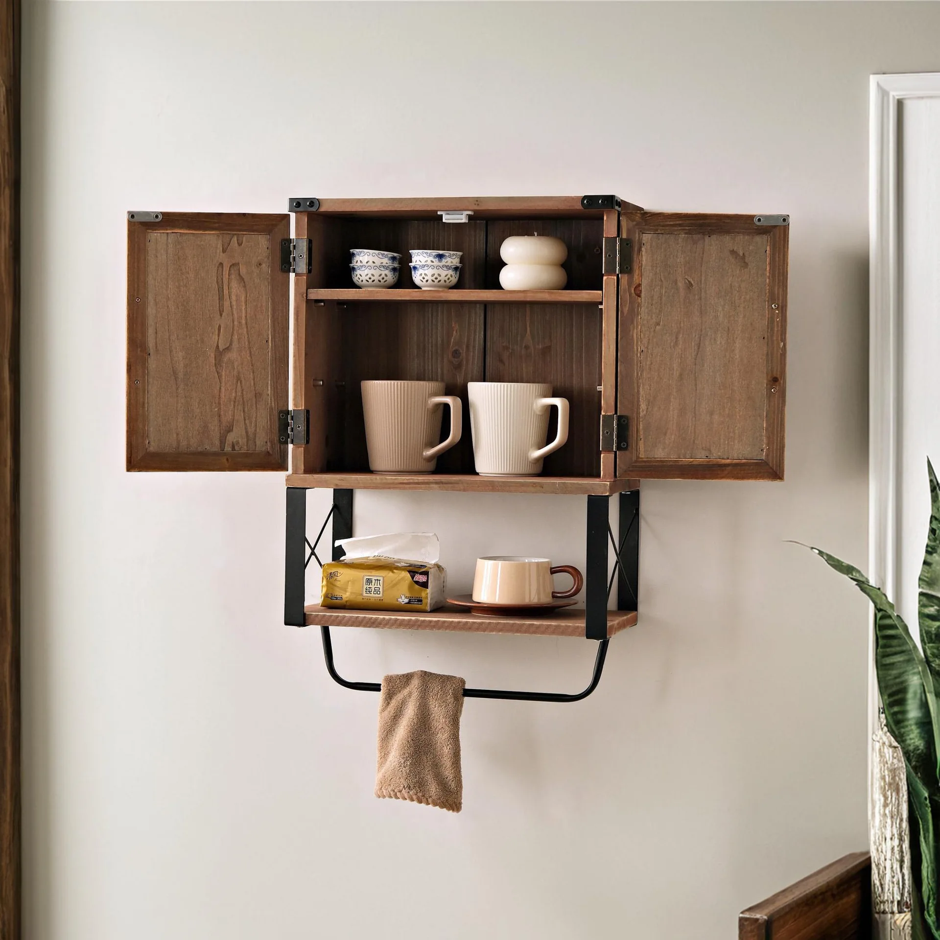 

American Country Vintage Wooden Bathroom Wall Mounted Cabinet Kitchen Storage Organizer for Tea Spices