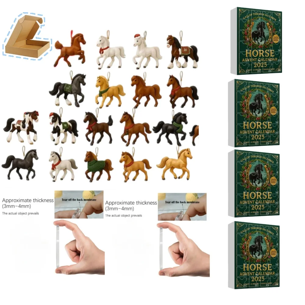 

Детские игрушки 2d Адвент-календарь с плоской лошадью, 2025 рождественские календари обратного отсчета с 24 уникальными фигурками лошадей для домашнего декора