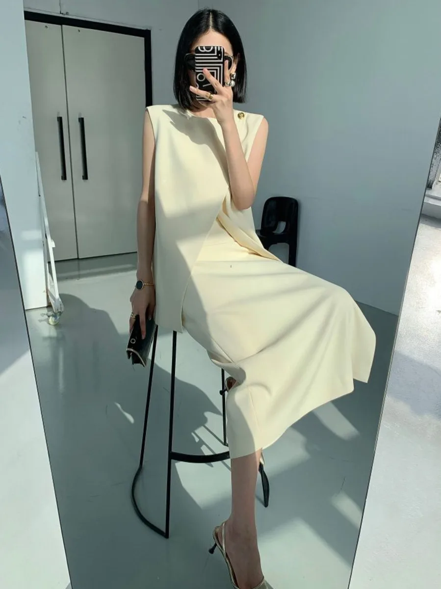 Irregular Blazer Vest Skirt Set 2024 New Summer Chic Elegant Sleeveless Solid Tank Top + Skirt Dress OL Outfit Clothes Suit