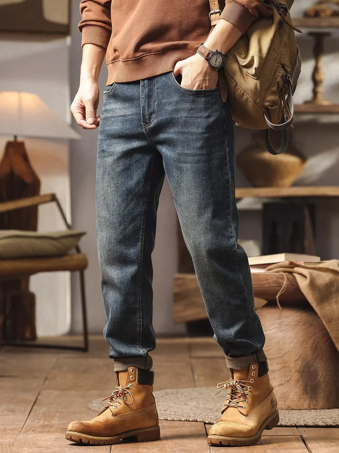 

Loose Casual American Sle Men's Straight Leg Jeans Spring Autumn New Model Elastic Loose Long Pants Simple Match