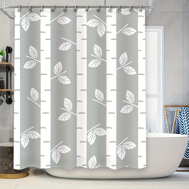 

Modern Bathroom Shower Curtain with White Leaves Print Transparent Fabric, Water Repellent Bath Decor for Home Living Room Decor