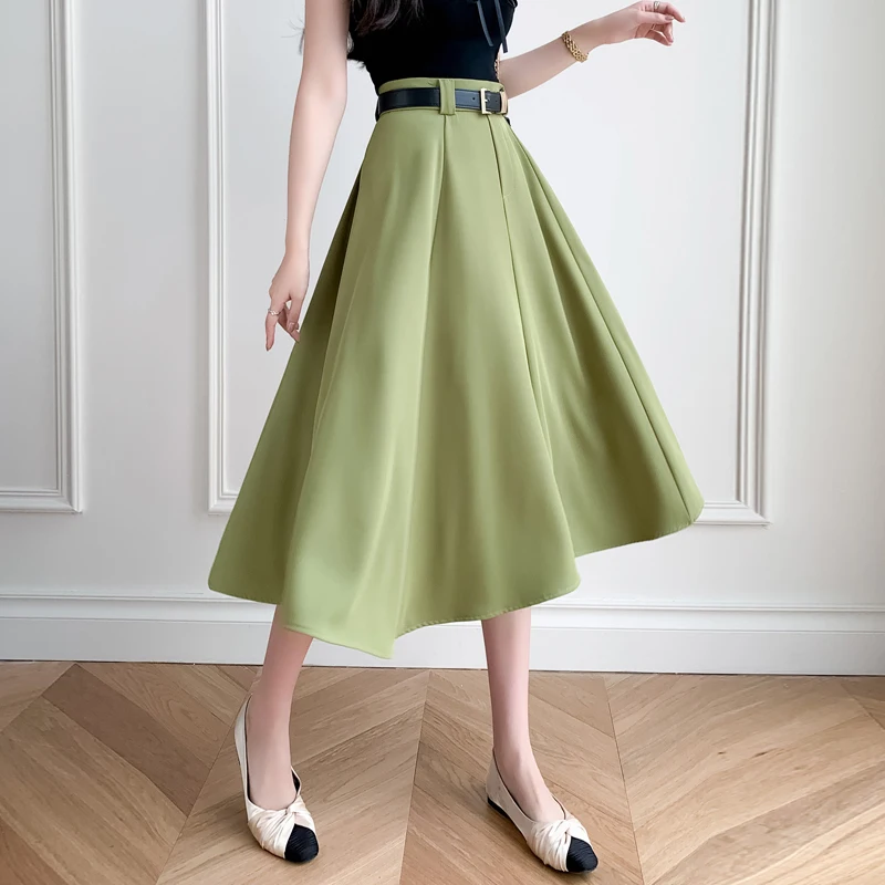 2023 Summer Women Skirt  Korean Fashion Clothing Vintage Long Skirts for Women High Waisted Pleated Skirt OL Belt Elegant Skirts