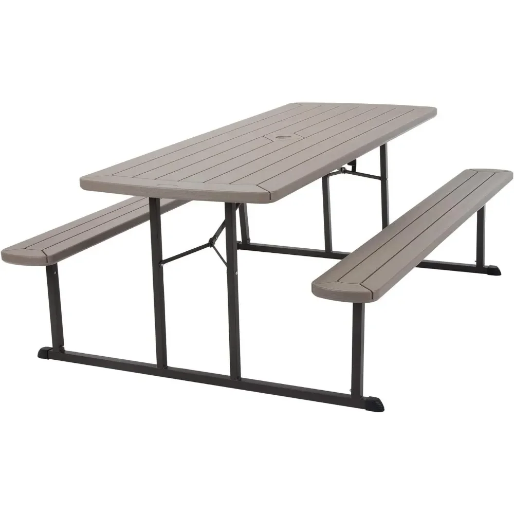 

Outdoor Table with Rectangle, 6 Ft Folding Picnic Table, Taupe Wood Grain with Brown Legs, Outdoor Tables.