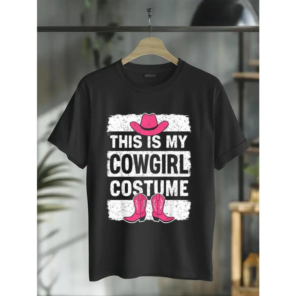 

"Funny Cowgirl Costume T-Shirt Women's Halloween Party Graphic Tee Country Music Lover Gift Pink Cowboy Hat Boots Print Top"