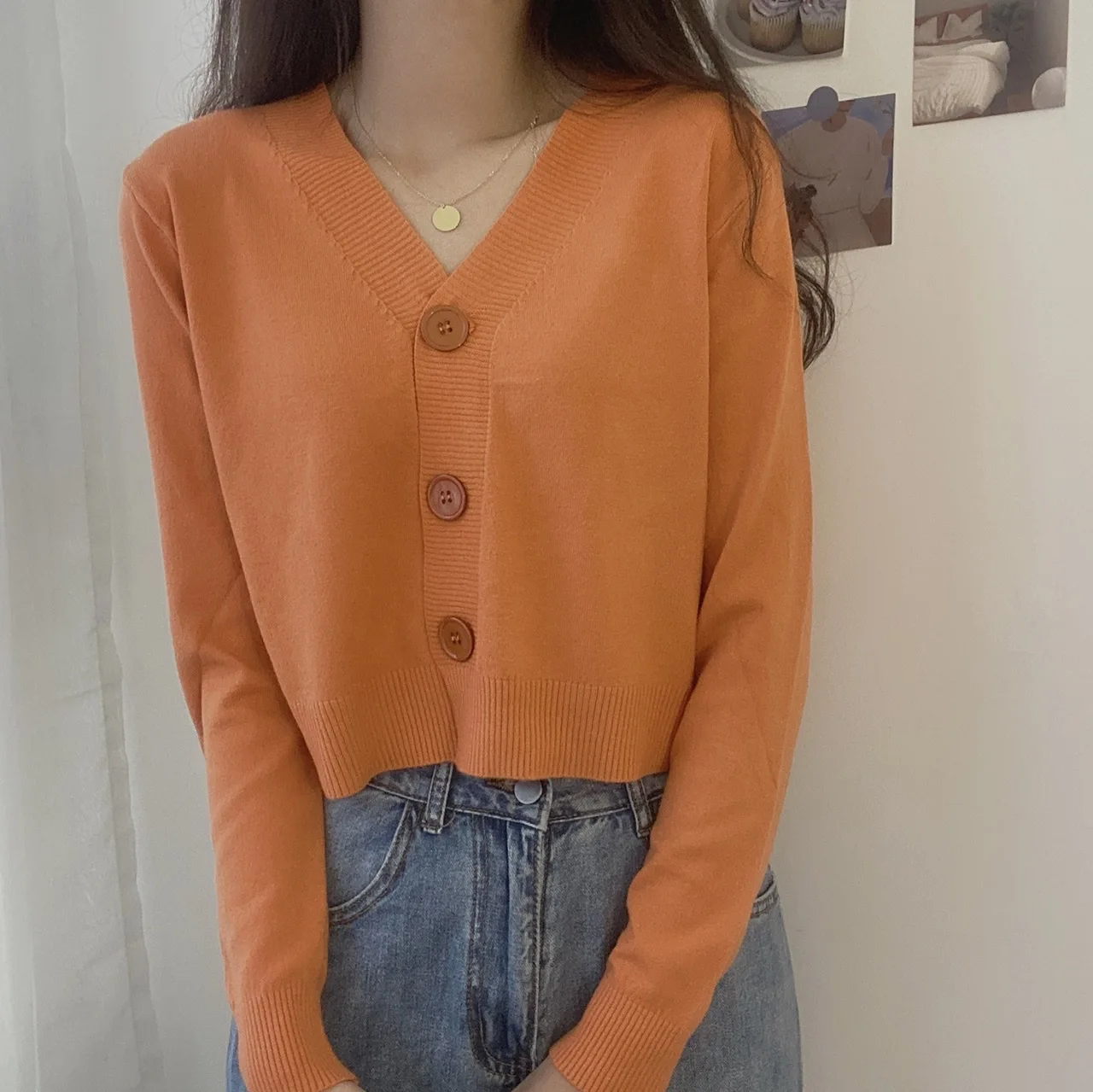 Women's Fall Winter Outer Solid Color Cardigan Long-sleeved Short Knitted Tops Ladies Button V-neck Pullover Sweater 2025