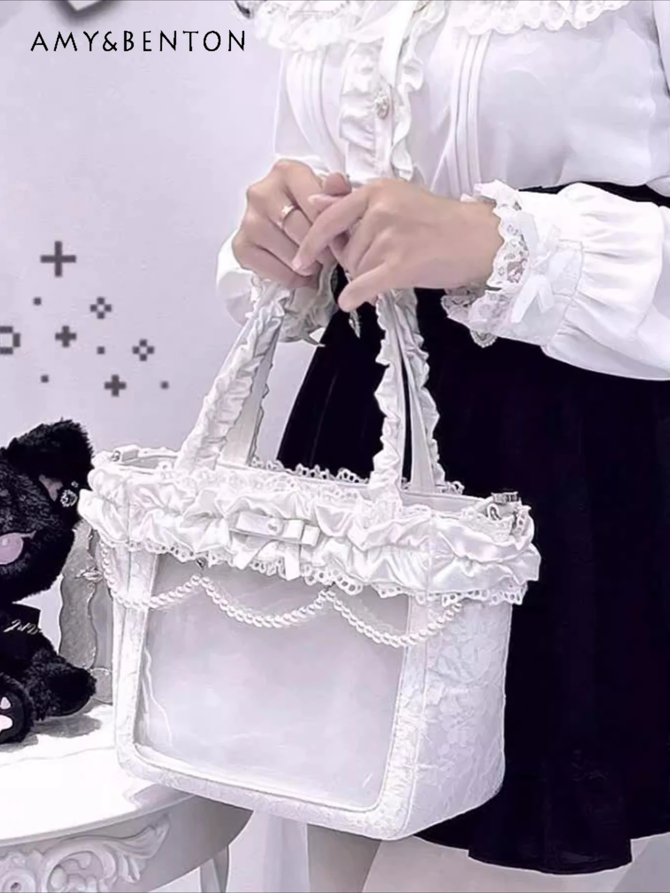 

Japanese Mine Series Mass-produced Lolita Handbag Heavy Industry Beads Rhinestone Ruffle Edge Transparent Large-capacity Bag