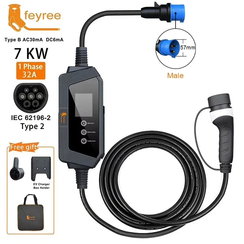 Feyree Type2 Cable 32A 7kW Smart Portable EV Charger Fast Charging for Electric Car with Adjusting Current Setting Charging Time
