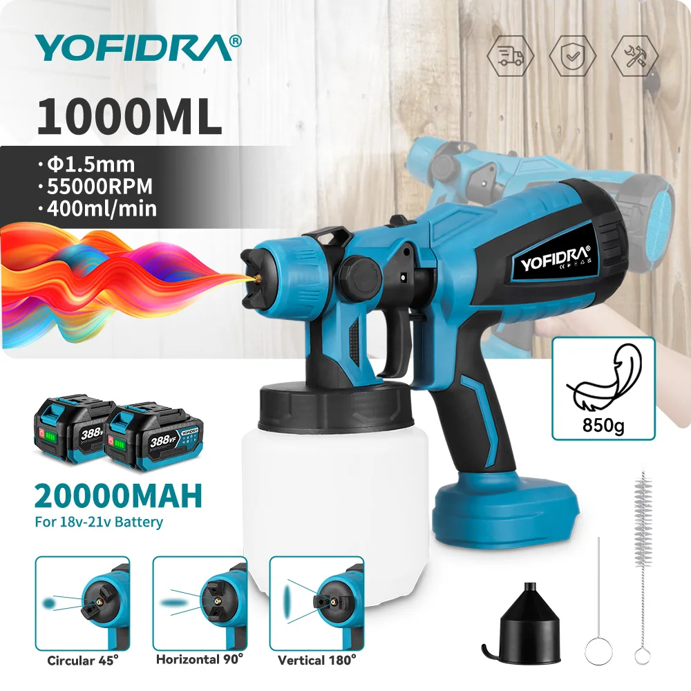YOFIDRA 1000ML pistolet de pulvérisation électrique sans fil 55000 tr/min pulvérisateur de peinture portatif outil d'aérographe de revêtement automatique pour Makita broche de batterie 18V