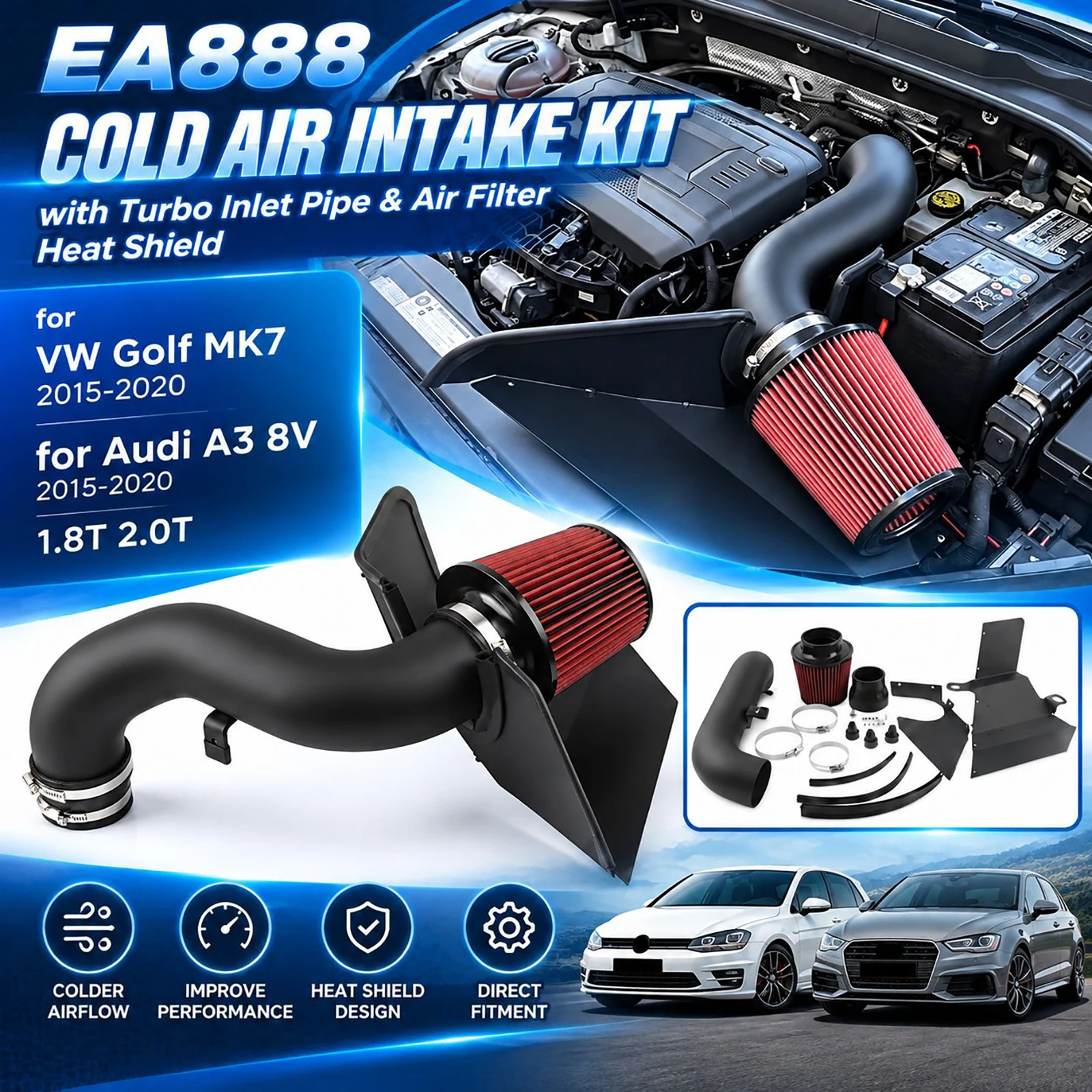 Image of EA888 Kaltluftansaugkit mit Turbo-Einlassrohr & Luftfilter für VW Golf MK7 für Audi A3 8V 1.8T 2.0T Hitzeschutz