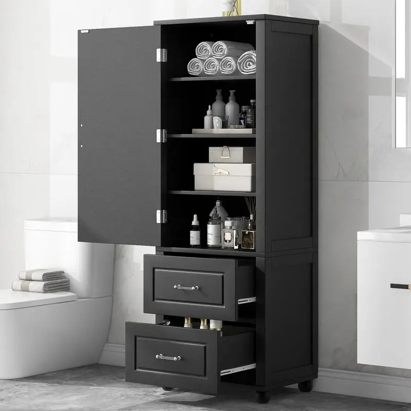 

Freestanding Tall Bathroom Storage Cabinet with 2 Drawers and Adjustable Shelf, MDF Board with Painted Finish, Black