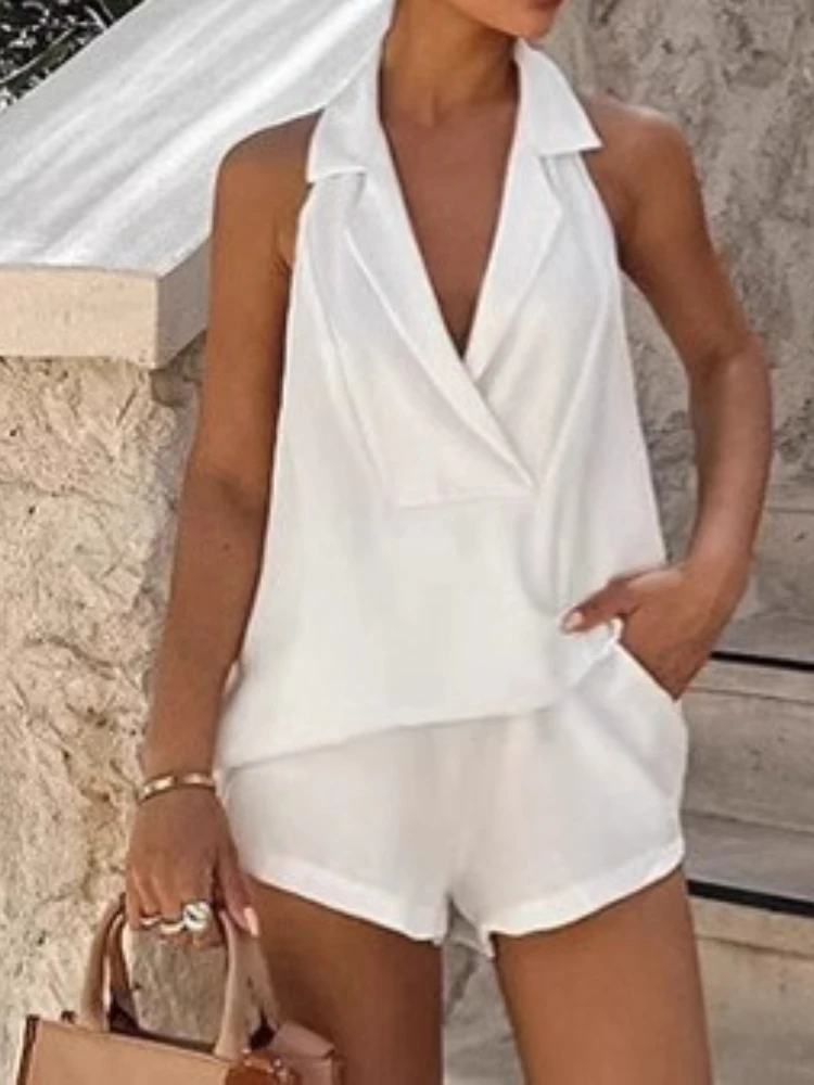 Novo no verão feminino sexy profundo decote em v plissado rendas halter vestido elegante sem costas cintura alta a linha shorts conjunto de duas peças