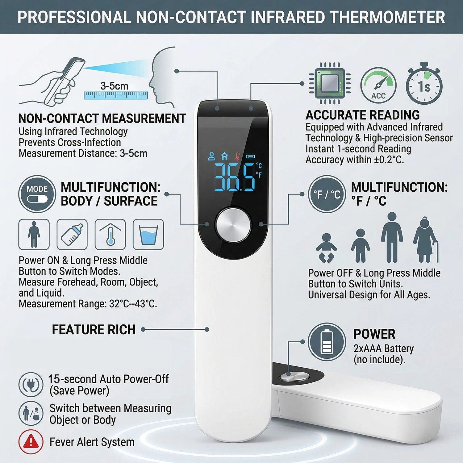 1PC 2PCS Medical IR Fever Thermometer for Child Adult Mini Digital Thermometer Non-contact Body Temperature Detector Health Care