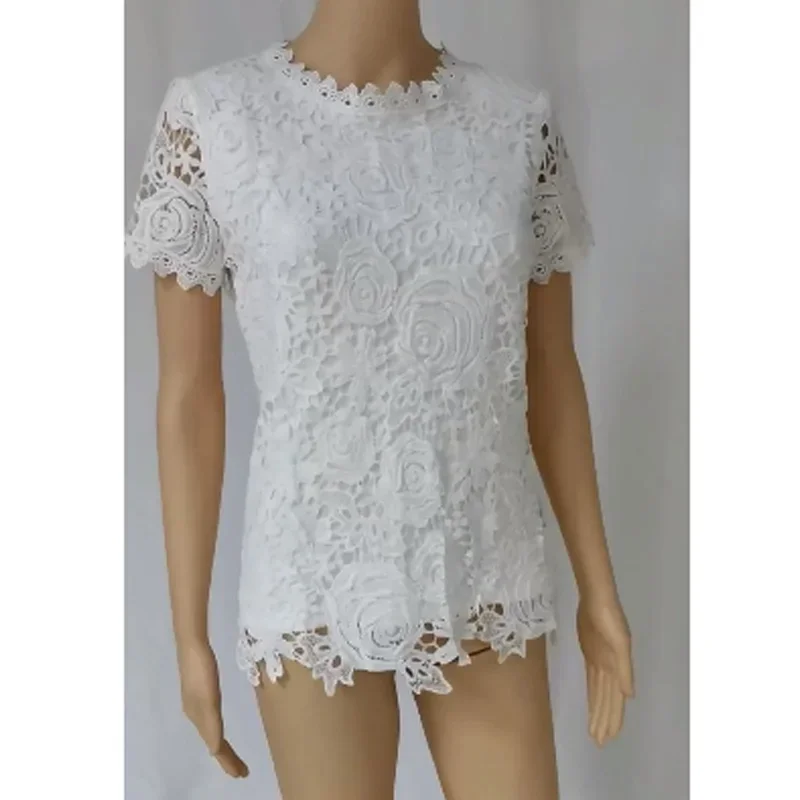 2024 Fashion New Summer Elegant Embroidery Lace Shirt Women O Neck Short Sleeve Women Blouse Top Chic Slim OL Clothing 24737