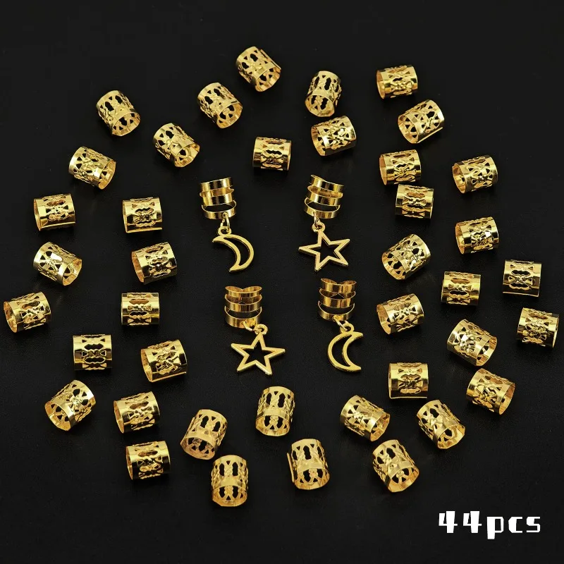 44Pcs Gold Metal Star Moon Hair Rings for Dreadlocks Vintage Style for Woman Braiding Daily Party Non Slip Lightweight Durable - view 2