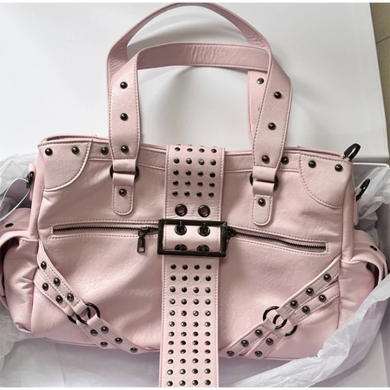 Y2k Nieten-Gürtelschnallen-Handtasche, Damen Motorrad Biker Punk-Stil Metall-Nieten-Schultertasche, Koreanische Y2k Mädchen Reißverschluss-Tragetasche – Detail 1