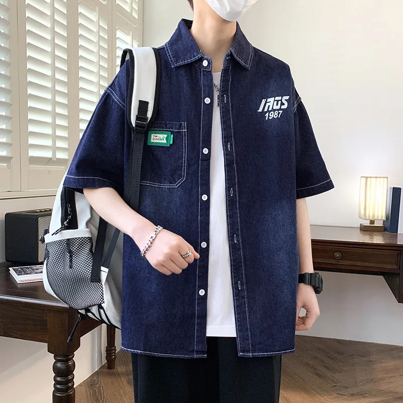 2024 Summer New Men's Blue Denim Short Sleeve Shirt Casual Breathable Cotton Turn Down Collar Short Sleeve Shirt For Men M-3XL