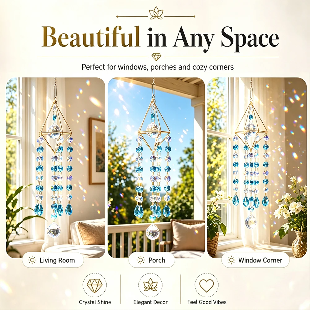 Crystal Suncatcher Hanging Ornament Blue Prism Beads Geometric Metal Frame Window Light Catcher Home Porch Patio Wall Decor Gift